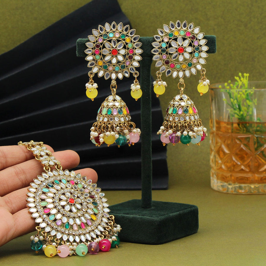 Pink Green Gold Tone Kundan Inspired Maang Tikka with Earrings – Femizen